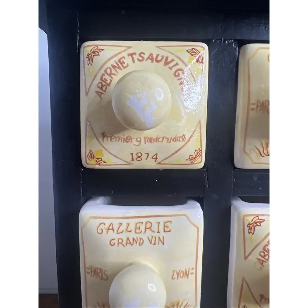 Vintage French Style Apothecary Spice Rack with 6 Porcelain Drawers and Wood Cab